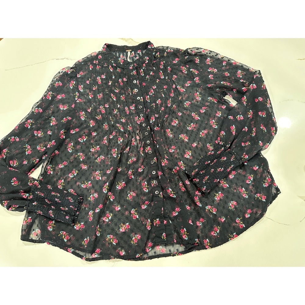 Free People Floral Clip Dot Pintuck Blouse Black Pink Rose Lace Trim Mock Neck S